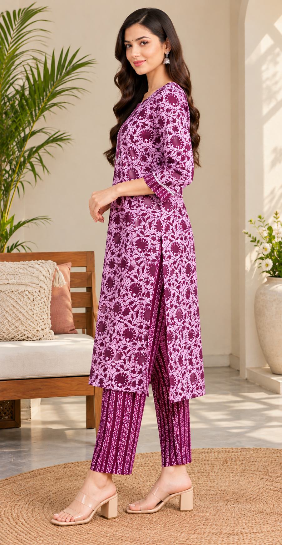 Women Plum Purple Straight Kurta Set with Contrast Yoke Detailing and Matching Pants