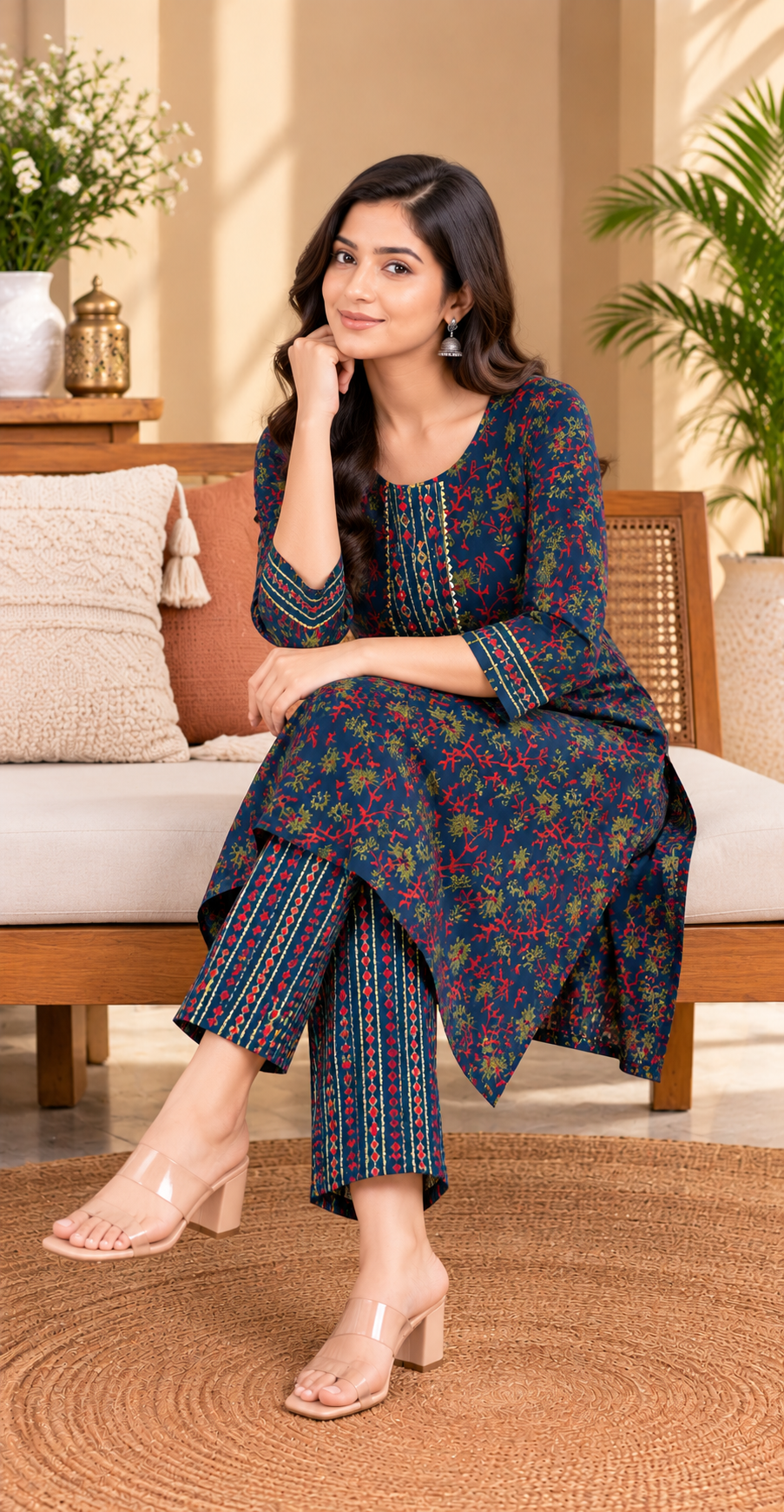 Women Indigo Blue & Crimson Floral Cotton Kurta & Pant 2-Piece Set