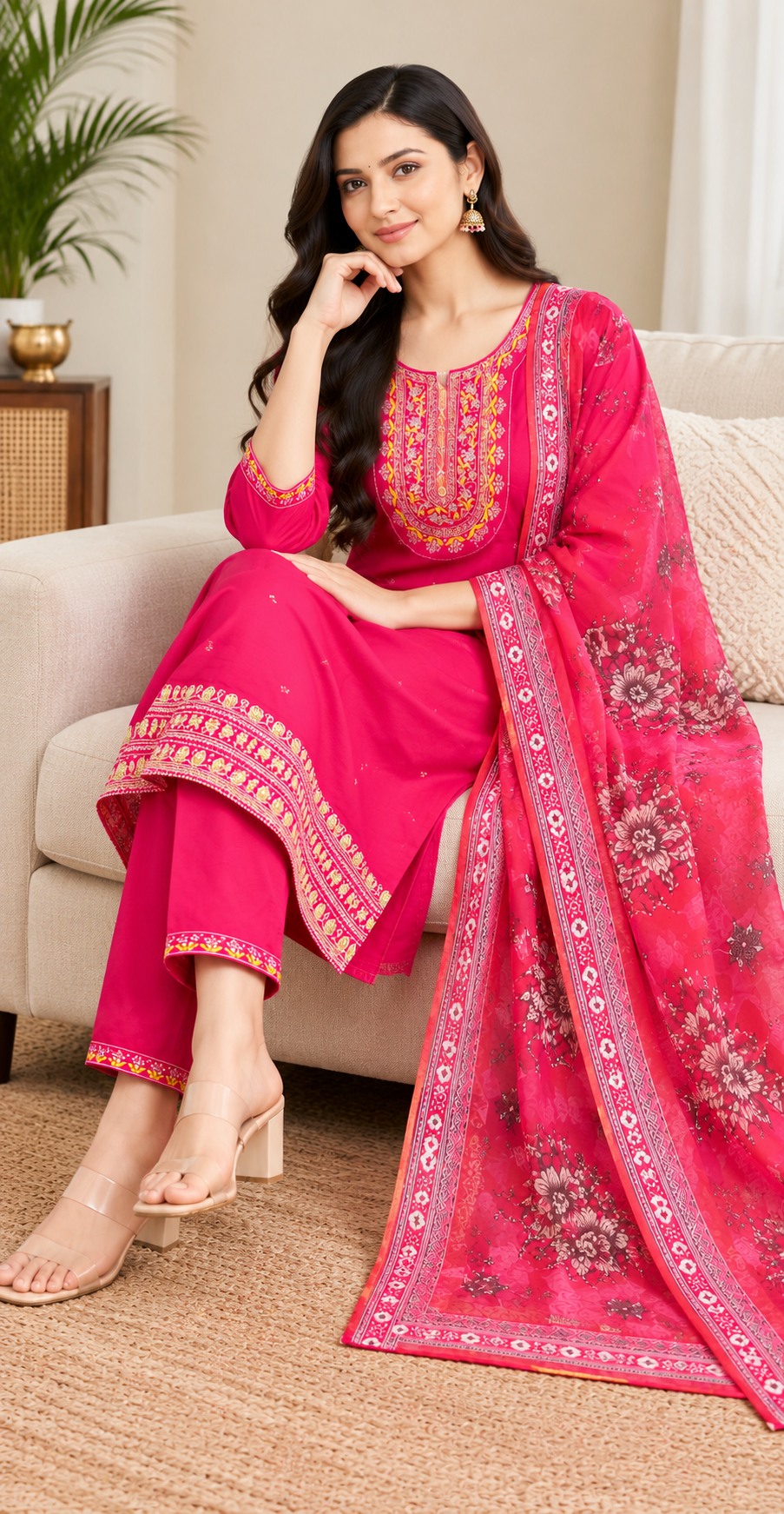 Women Pink Embroidered Kurta & Pant Set with Floral Digital Printed Dupatta