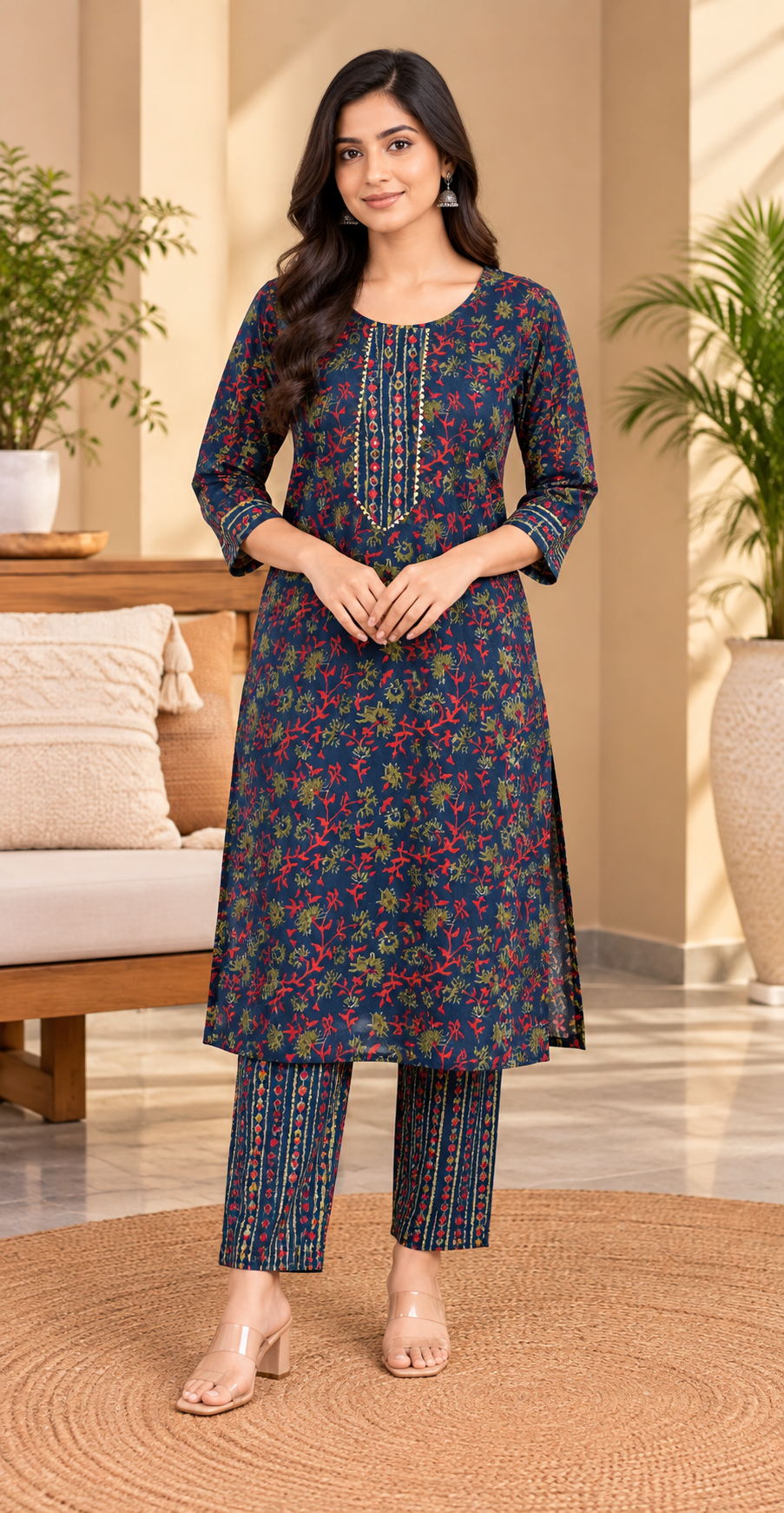 Women Indigo Blue & Crimson Floral Cotton Kurta & Pant 2-Piece Set