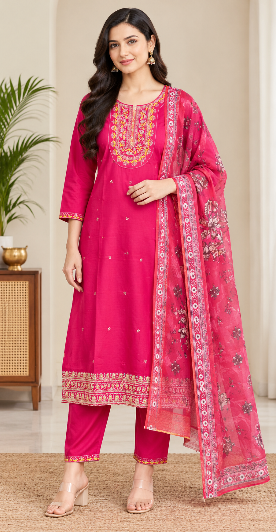 Women Pink Embroidered Kurta & Pant Set with Floral Digital Printed Dupatta
