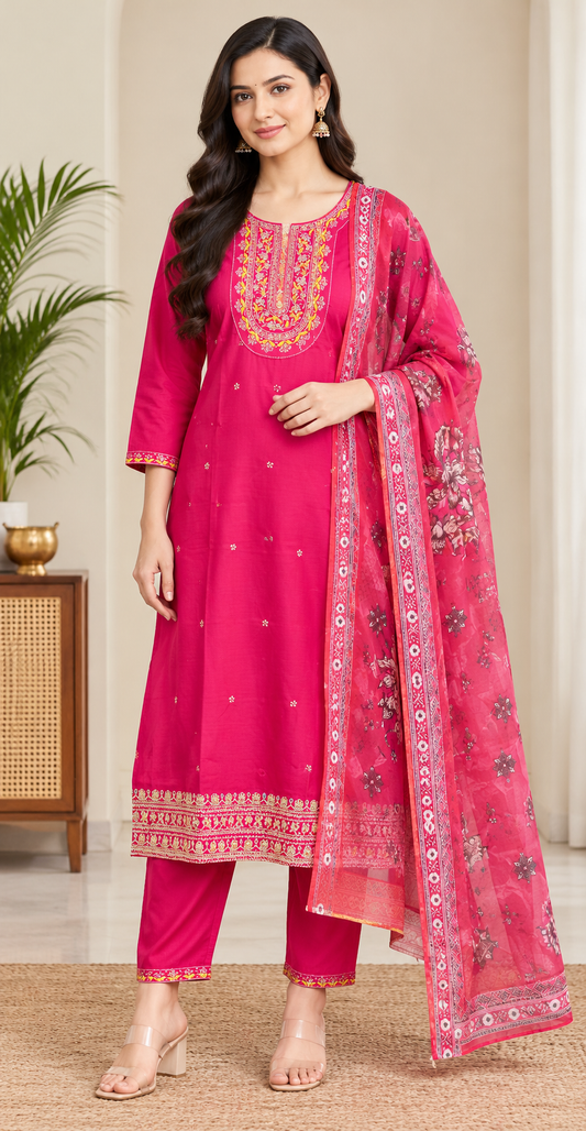 Women Pink Embroidered Kurta & Pant Set with Floral Digital Printed Dupatta