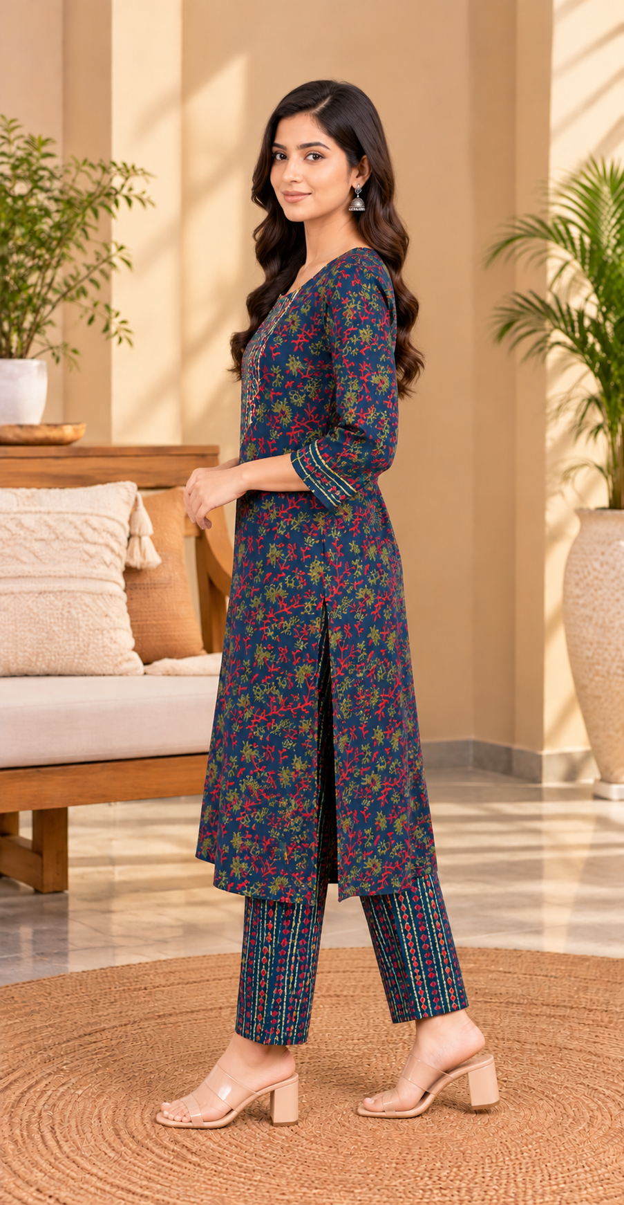 Women Indigo Blue & Crimson Floral Cotton Kurta & Pant 2-Piece Set