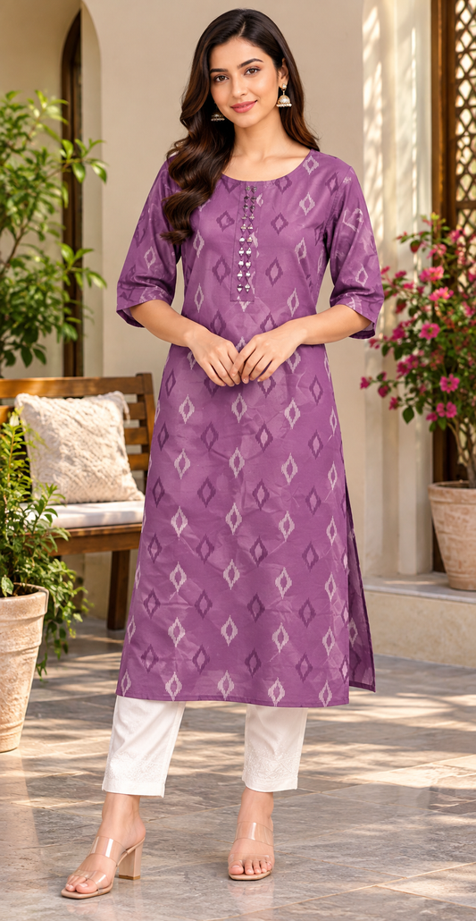 Women Purple Ikat Print Premium Rayon Straight Kurta with Button & Mirror Accent Yoke