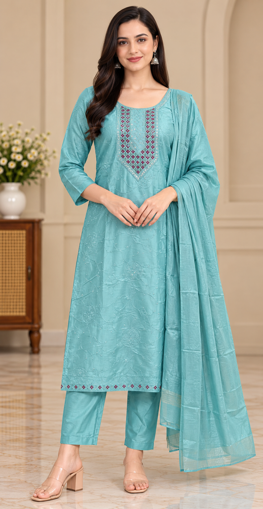 Women Elegant Cream Chanderi Silk Chikankari Style Kurta, Pant & Dupatta 3-Piece Set