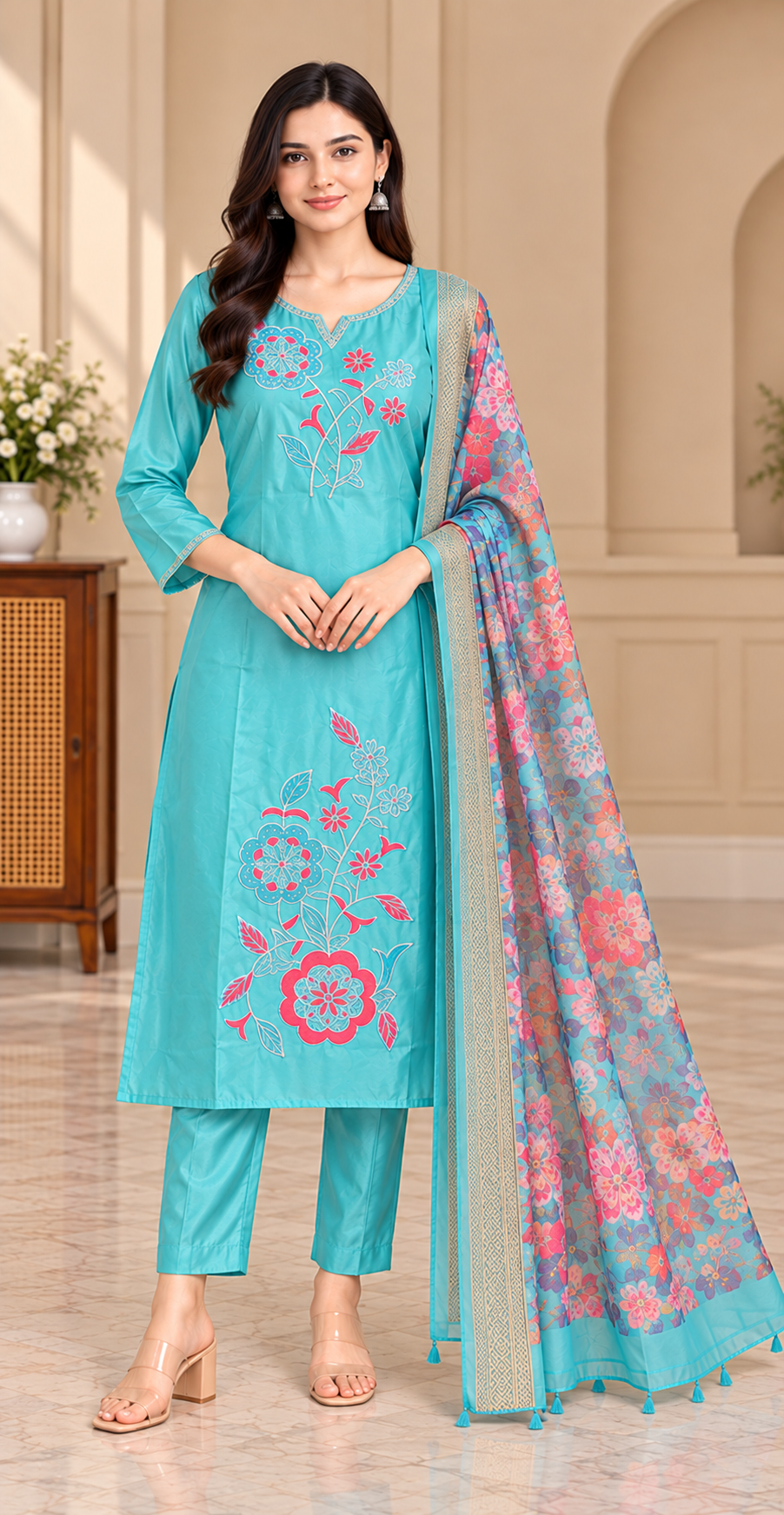 Women Turquoise Green Floral Embroidered Kurta & Pant Set with Matching Dupatta