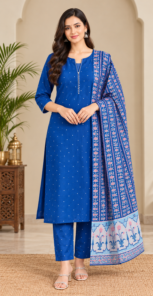 Women Elegant Royal Blue Printed V-neck Kurta, Pant & Dupatta 3-Piece Ethnic Set