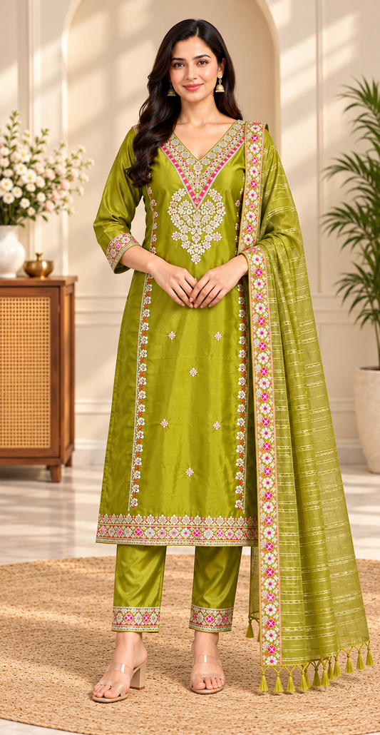Women Green Colour Tissue Silk Embroidered Suit Set with Matching Dupatta