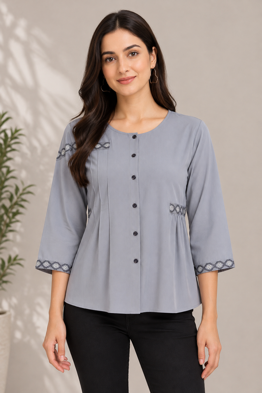 Casual Regular Sleeves Embroidered Women Grey Top
