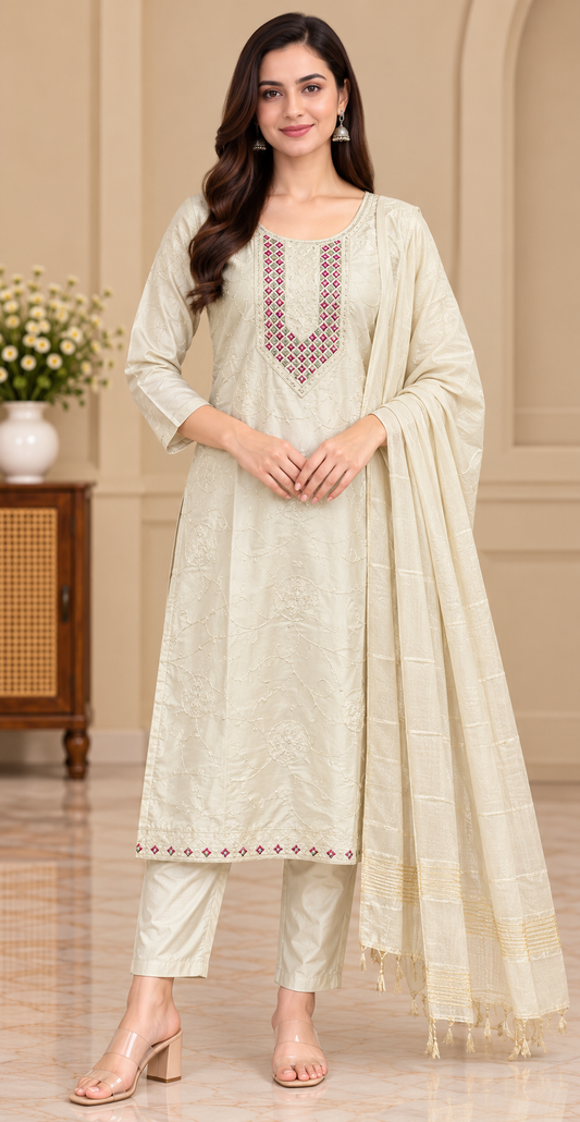 Women Elegant Cream Chanderi Silk Chikankari Style Kurta, Pant & Dupatta 3-Piece Set