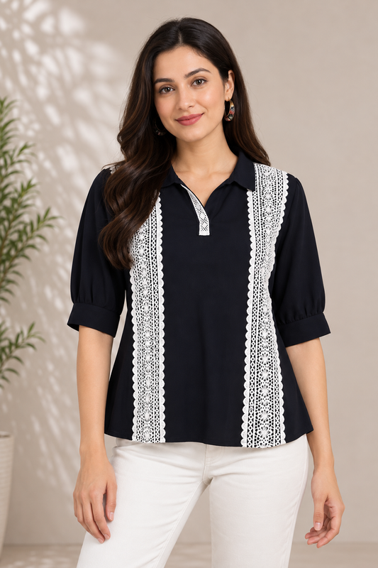 Casual Puff Sleeves Self Design Women Black Top