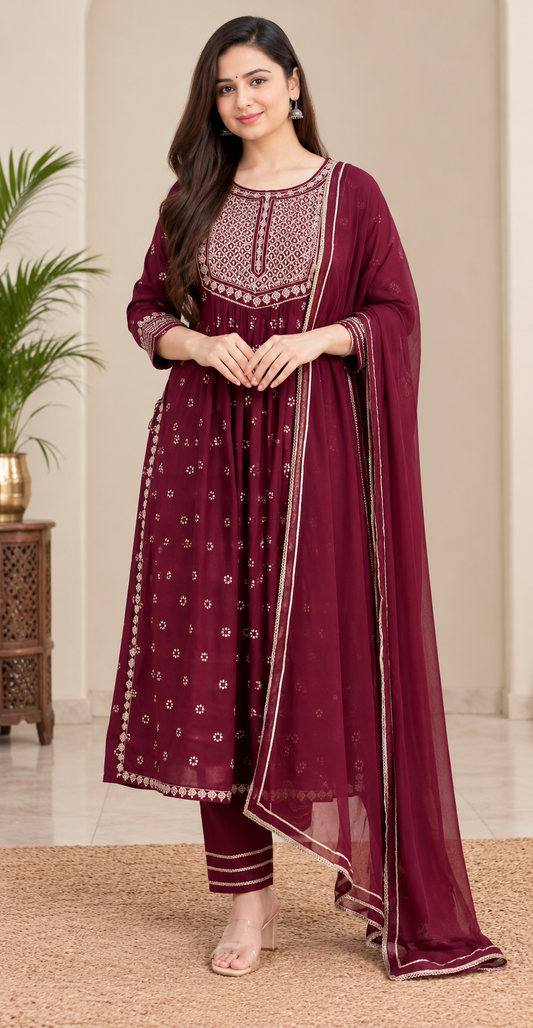 Women Viscose Rayon Ethnic Kurta Pyjama Dupatta Set / Suit Set