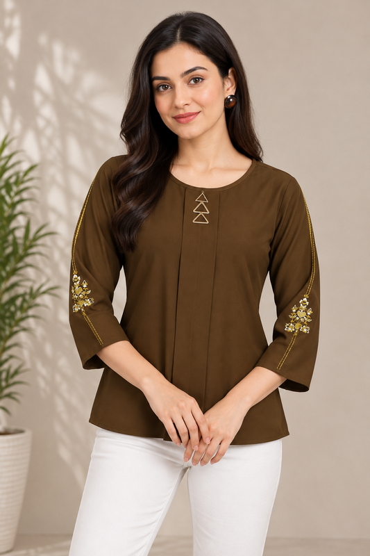 Casual 3/4 Sleeves Embroidered Women Brown Top