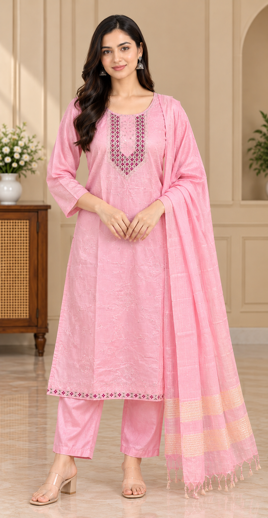 Women Elegant Cream Chanderi Silk Chikankari Style Kurta, Pant & Dupatta 3-Piece Set