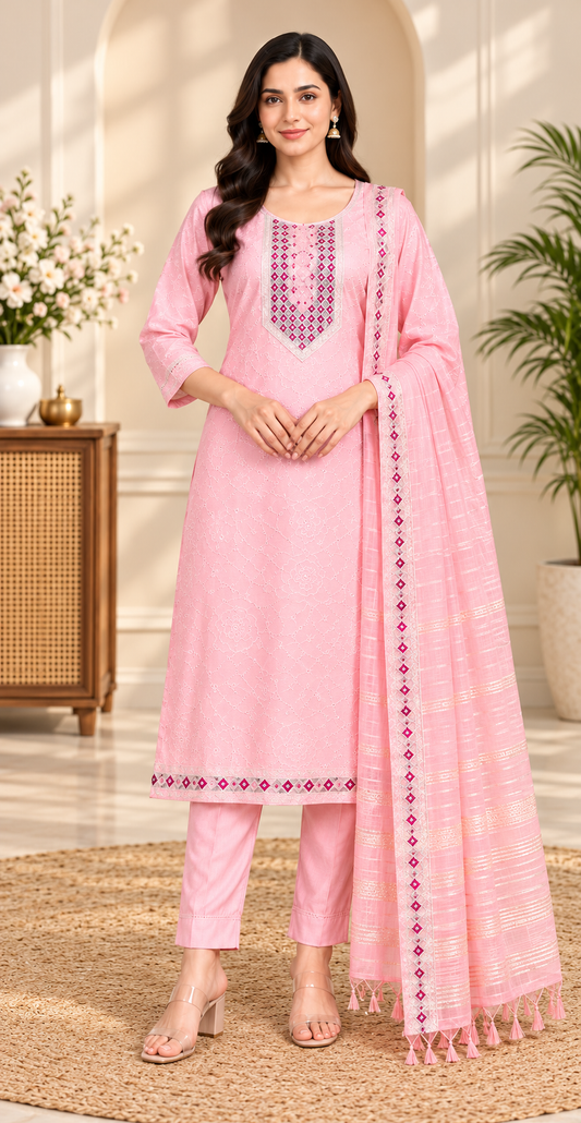 Women Elegant Cream Chanderi Silk Chikankari Style Kurta, Pant & Dupatta 3-Piece Set