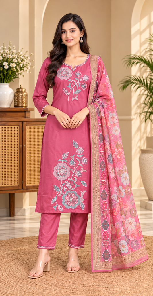 Women Rose Pink Floral Embroidered Kurta & Pant Set with Matching Dupatta