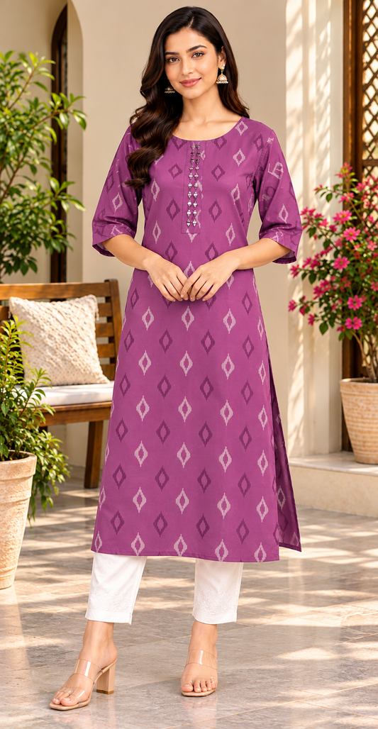 Women Purple Ikat Print Premium Rayon Straight Kurta with Button & Mirror Accent Yoke