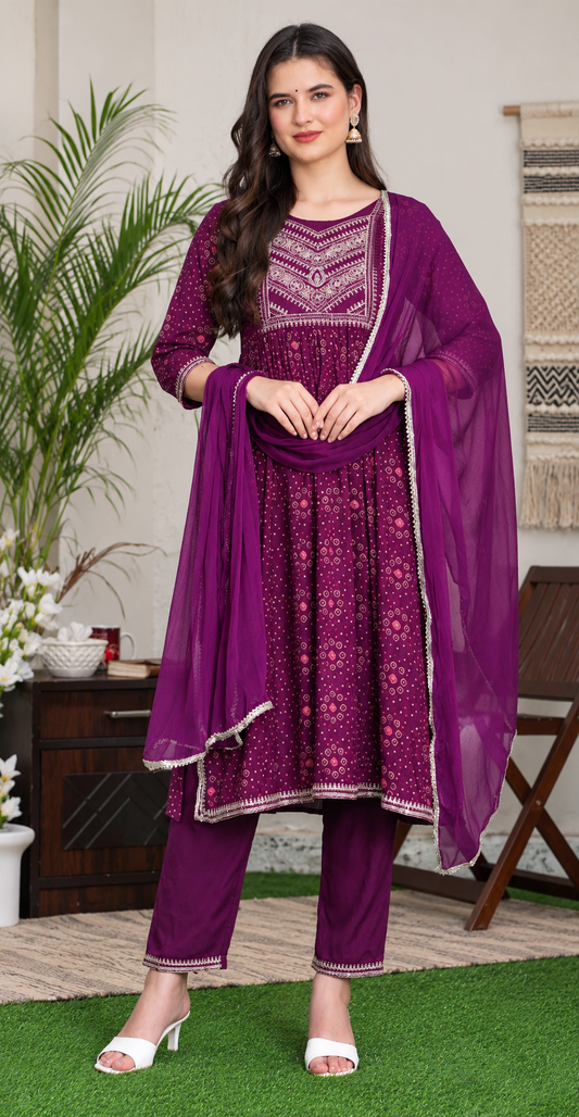Women Viscose Rayon Side Slit Naira Cut Kurta with  Pant and Dupatta Set
