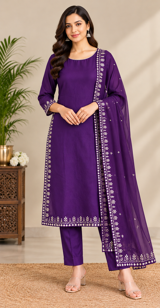 Women Royal blue chiffon suit set with Embroidered Side Slits & Matching Dupatta