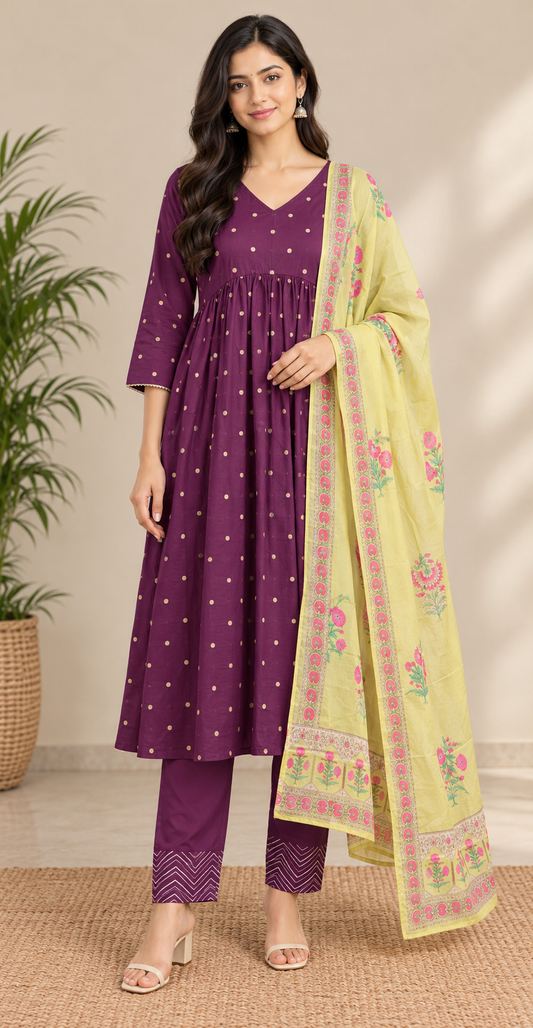 Women Deep Purple Gathered Ethnic Suit Set with Chevron Printed Trousers & Contrast Dupatta