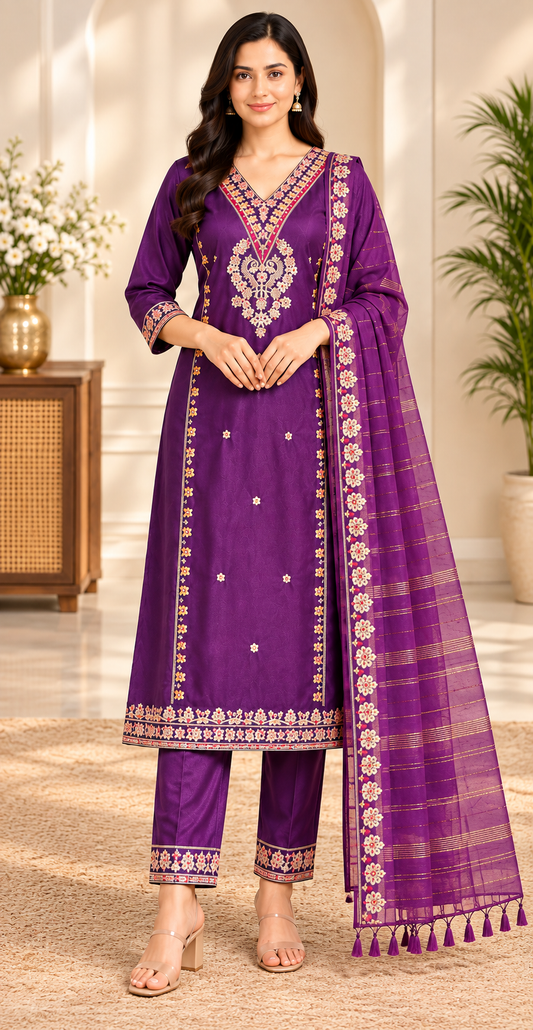 Women Purple Colour Tissue Silk Embroidered Suit Set with Matching Dupatta