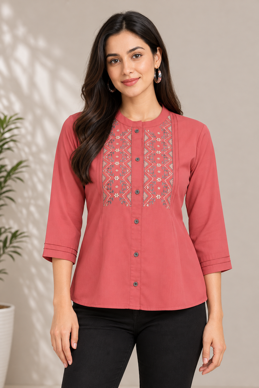 Casual Regular Sleeves Embroidered Women Pink Top