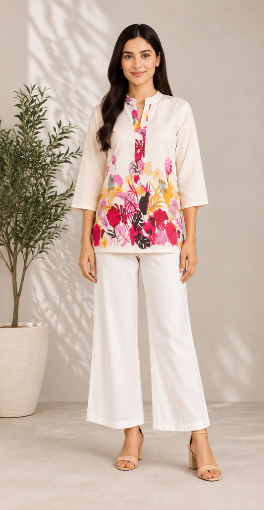 Women Tropical Floral Print Khadi Cotton Short Kurti with Mandarin Collar