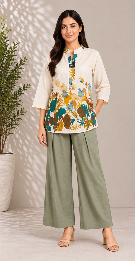 Women Tropical Floral Print Khadi Cotton Short Kurti with Mandarin Collar