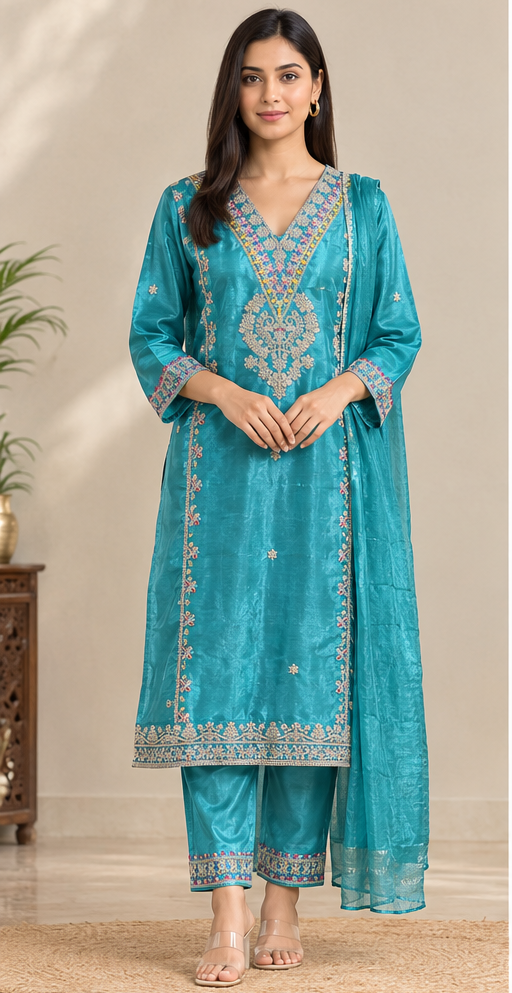 Women Ocean Teal Colour Tissue Silk Embroidered Suit Set with Matching Dupatta