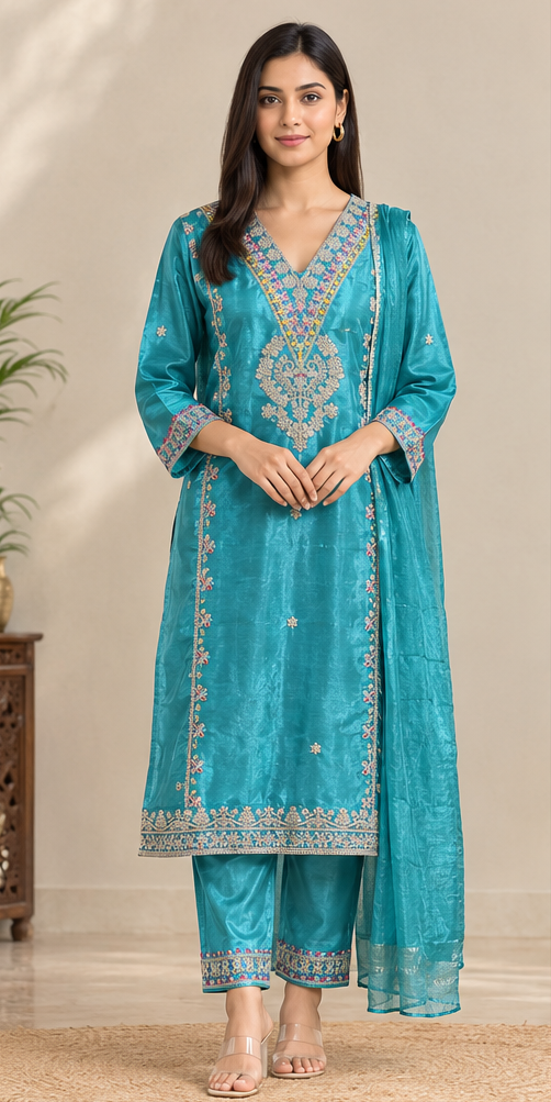 Women Ocean Teal Colour Tissue Silk Embroidered Suit Set with Matching Dupatta