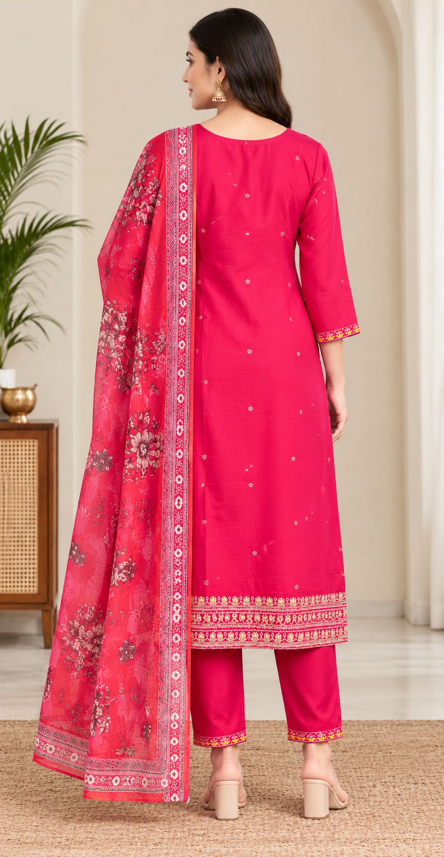 Women Pink Embroidered Kurta & Pant Set with Floral Digital Printed Dupatta