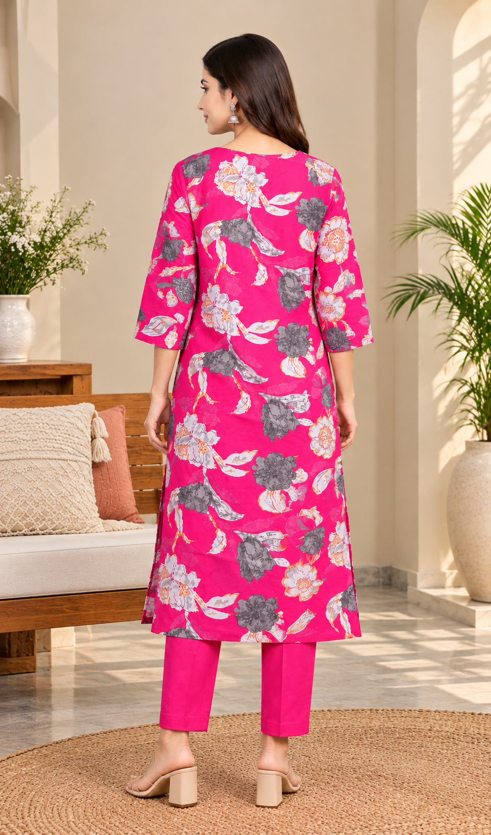 Women V-Neck Pink Cotton Ethnic Kurta and Matching Trouser Set