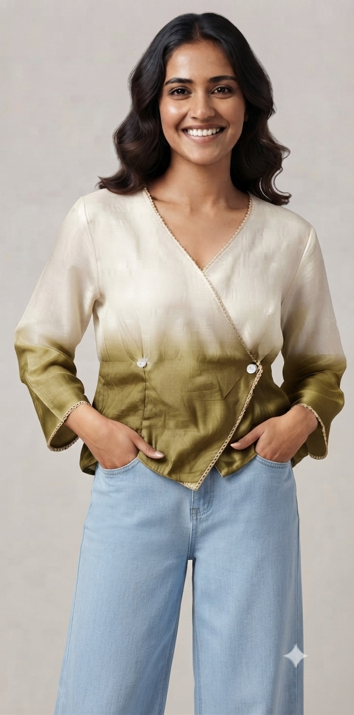 Casual Imported Fabric V neck -Line Lace Trim Wrap Top