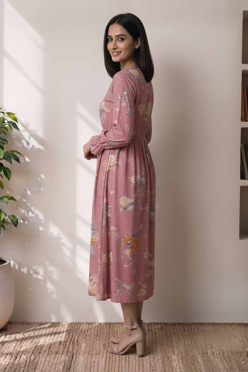 omen Casual Blush Floral Print Crepe Midi Dress