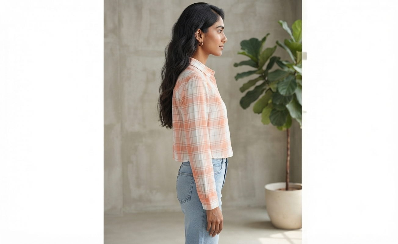 Women Casual Checkered print Crop Shirt top & Inner Set