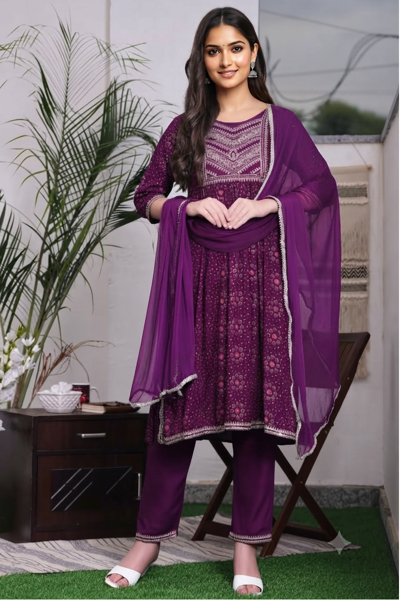 Women Viscose Rayon Side Slit Naira Cut Kurta with  Pant and Dupatta Set