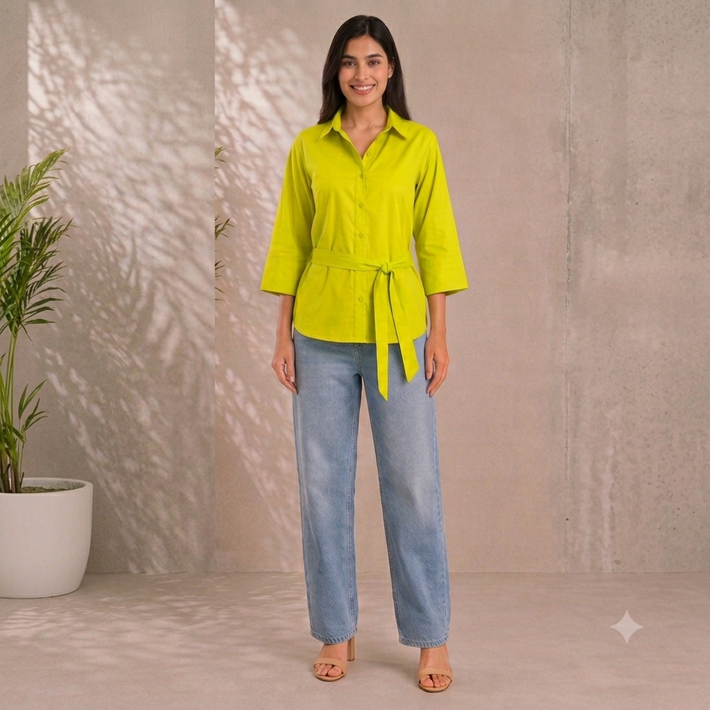 Women classic cotton collar shirt with Tie-Waist