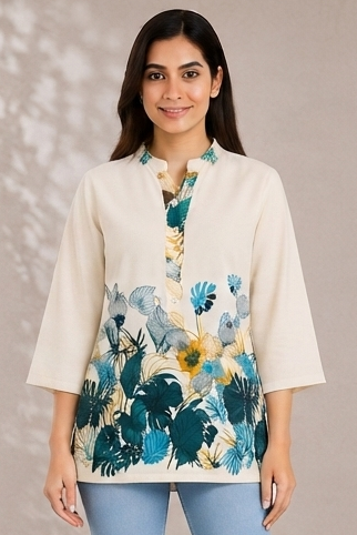 Women Tropical Floral Print Khadi Cotton Short Kurti with Mandarin Collar