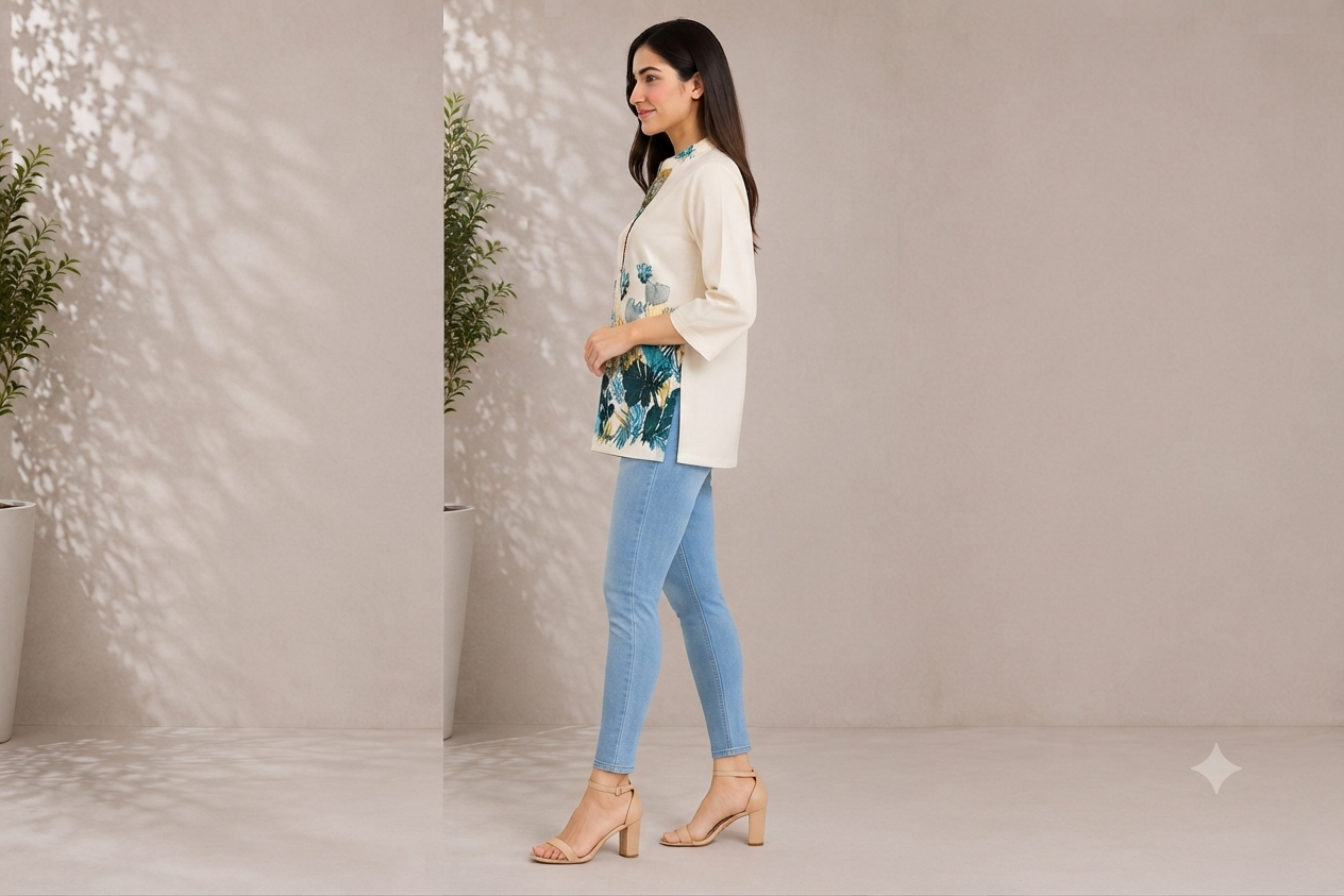 Women Tropical Floral Print Khadi Cotton Short Kurti with Mandarin Collar