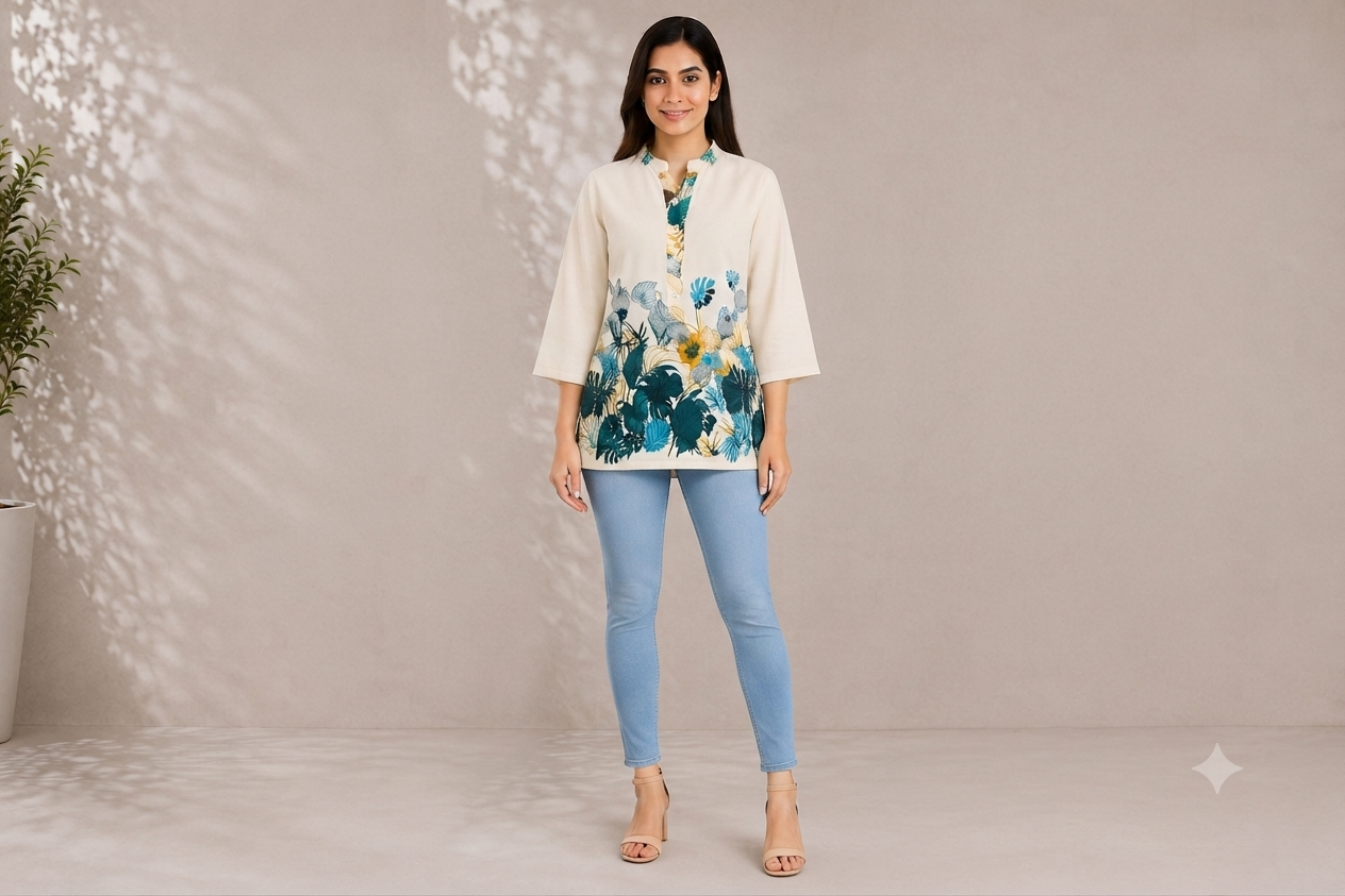Women Tropical Floral Print Khadi Cotton Short Kurti with Mandarin Collar