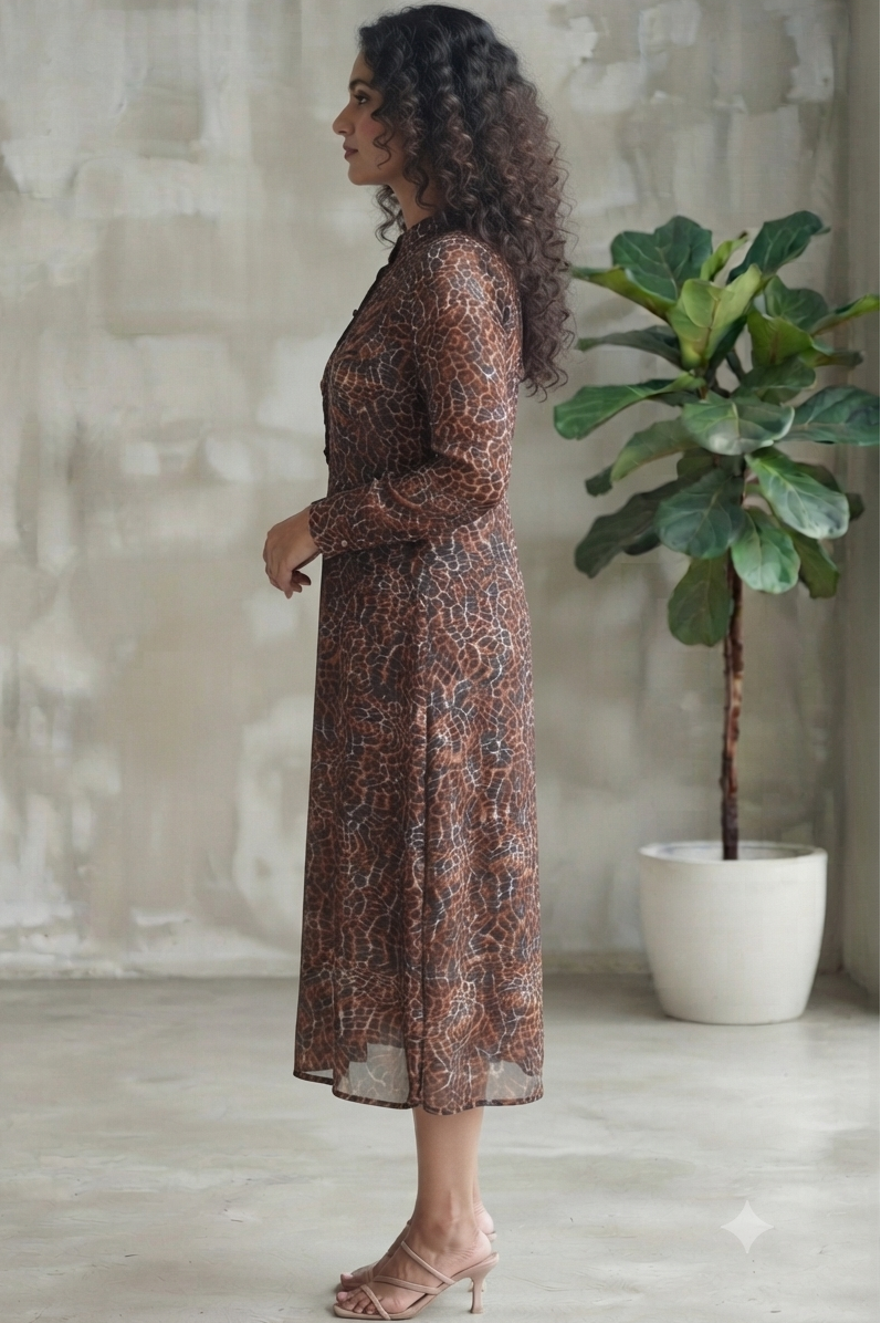 Women Casual Chic Leopard Print Long Dress with Tassel Drawstring