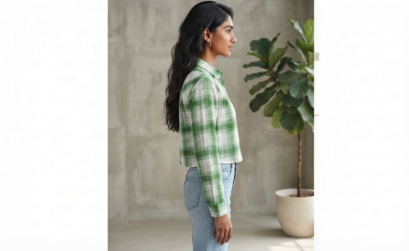 Women Casual Checkered print Crop Shirt top & Inner Set