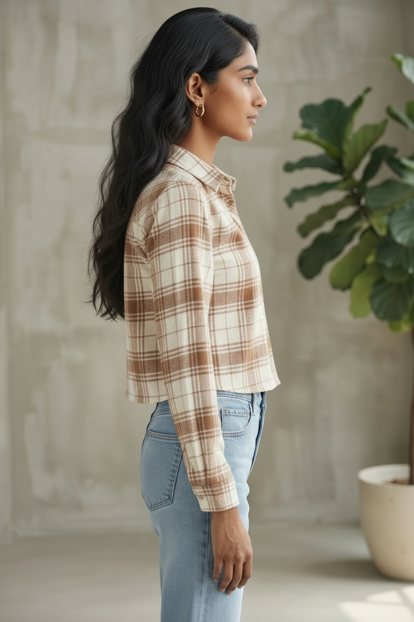 Women Casual Checkered print Crop Shirt top & Inner Set