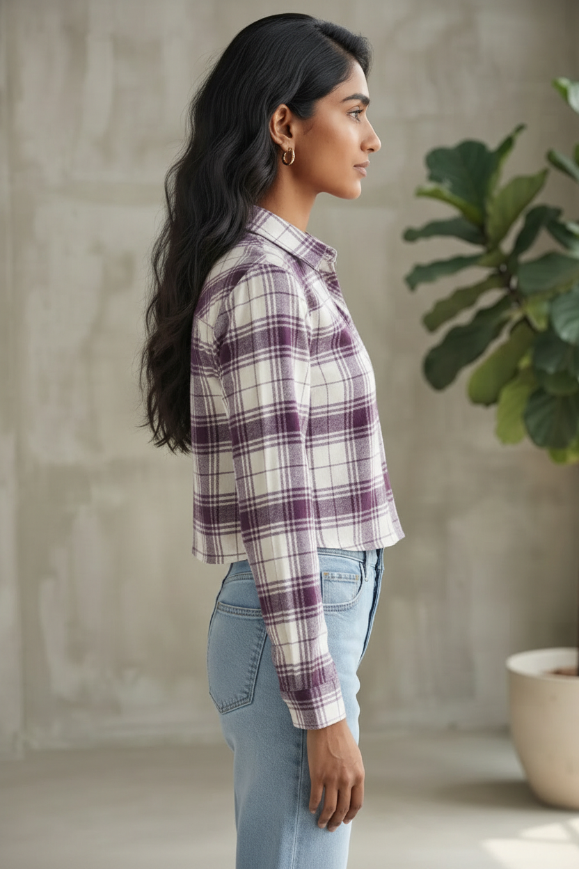Women Casual Checkered print Crop Shirt top & Inner Set