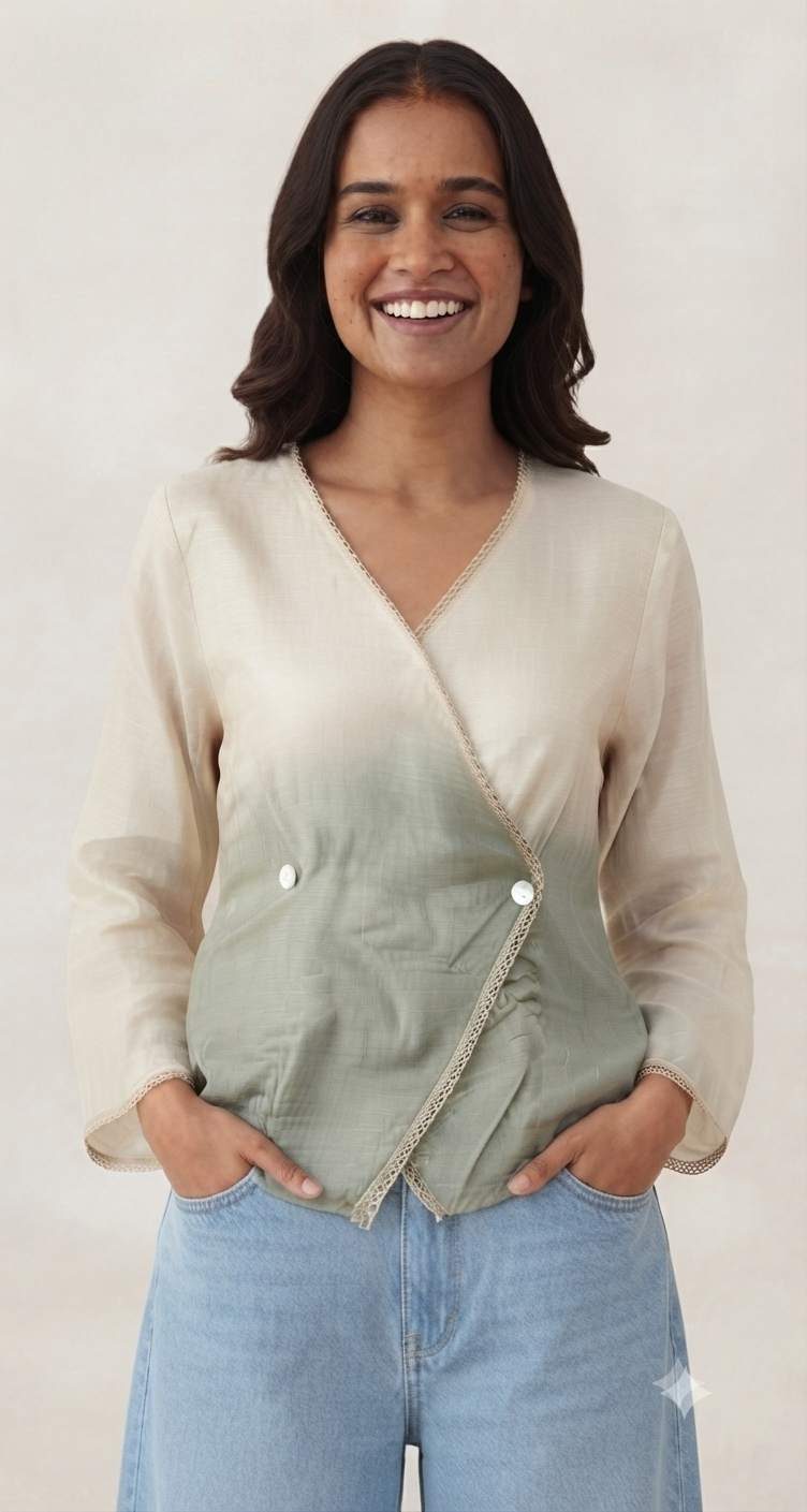 Casual Imported Fabric V neck -Line Lace Trim Wrap Top