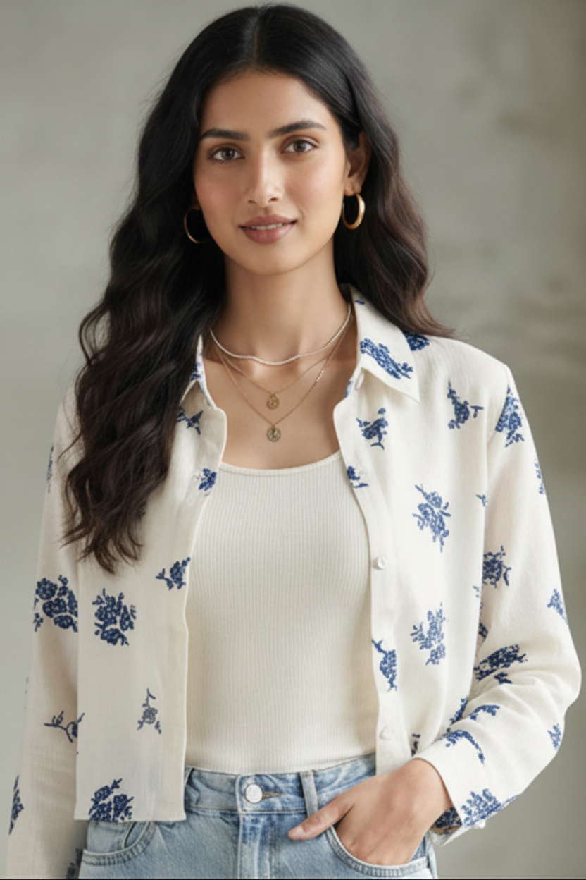 Casual Cotton rayon crop shirt top, and inner set.Two piece layering set, overshirt and inner tank top