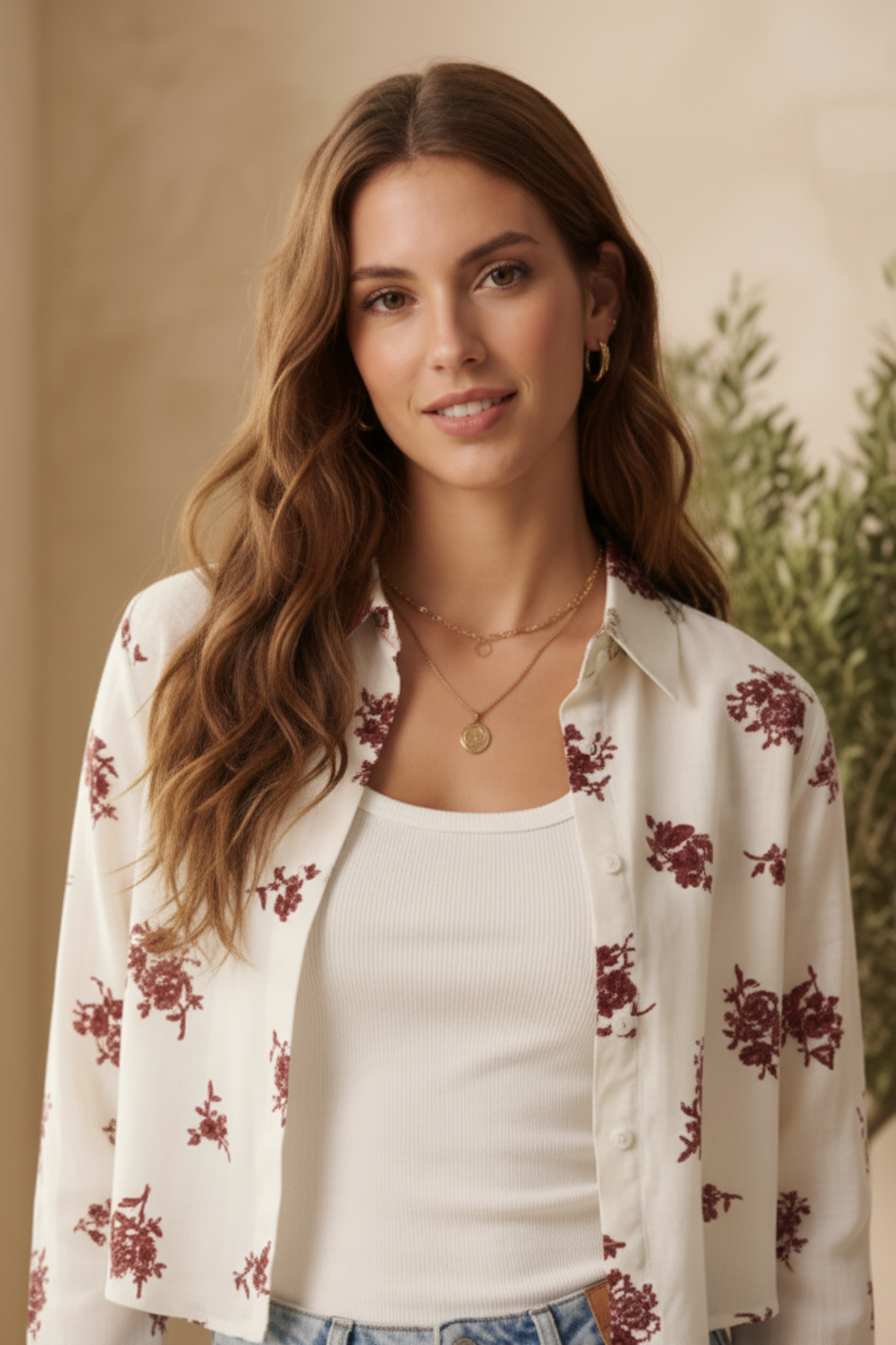 Casual Cotton rayon crop shirt top, and inner set.Two piece layering set, overshirt and inner tank top