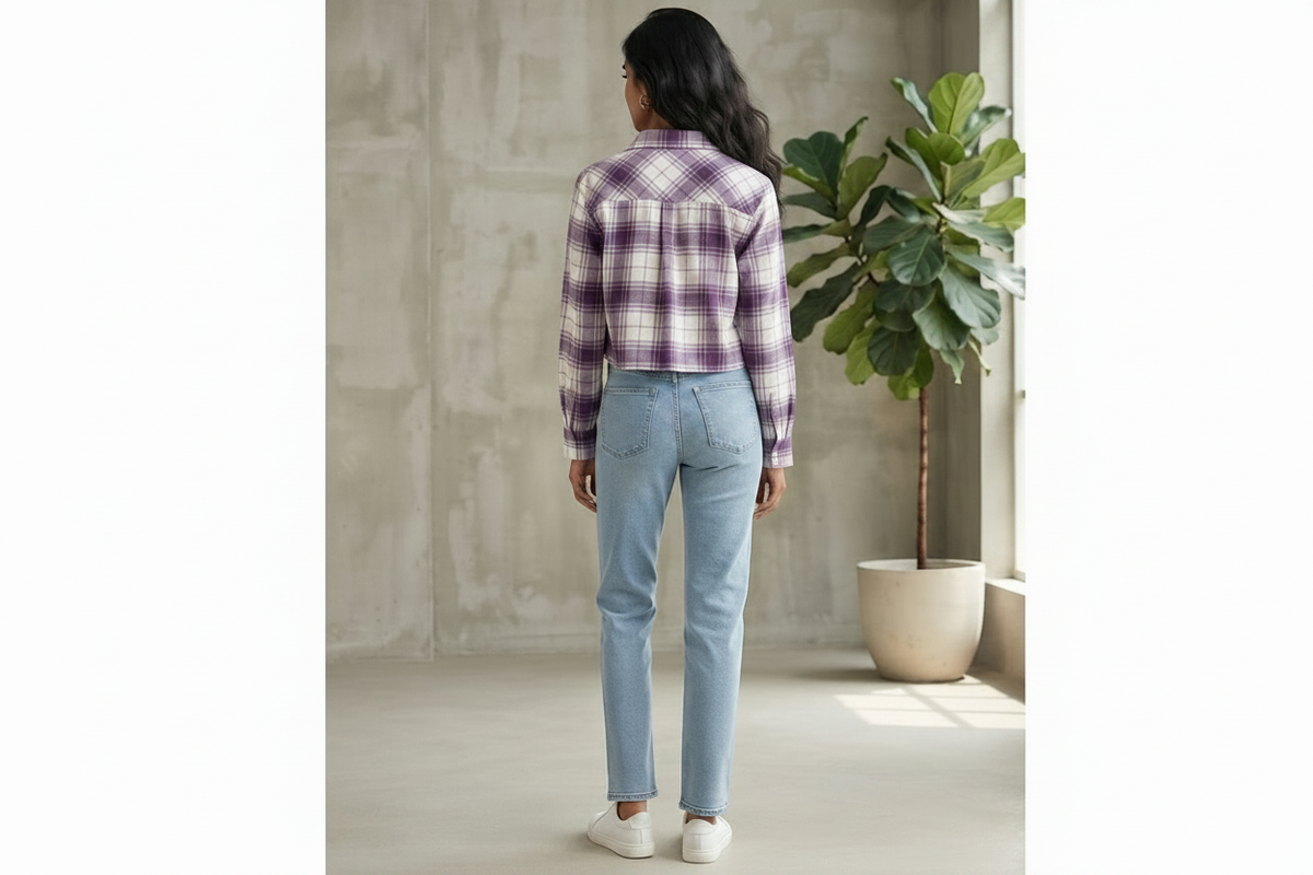 Women Casual Checkered print Crop Shirt top & Inner Set