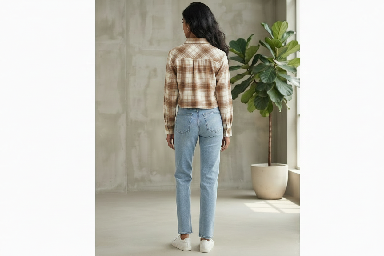 Women Casual Checkered print Crop Shirt top & Inner Set
