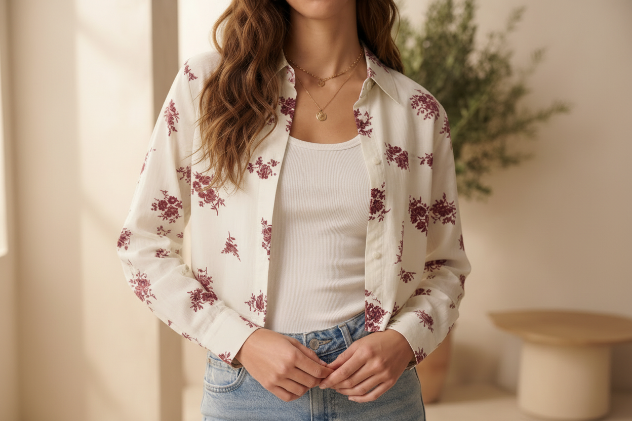 Casual Cotton rayon crop shirt top, and inner set.Two piece layering set, overshirt and inner tank top